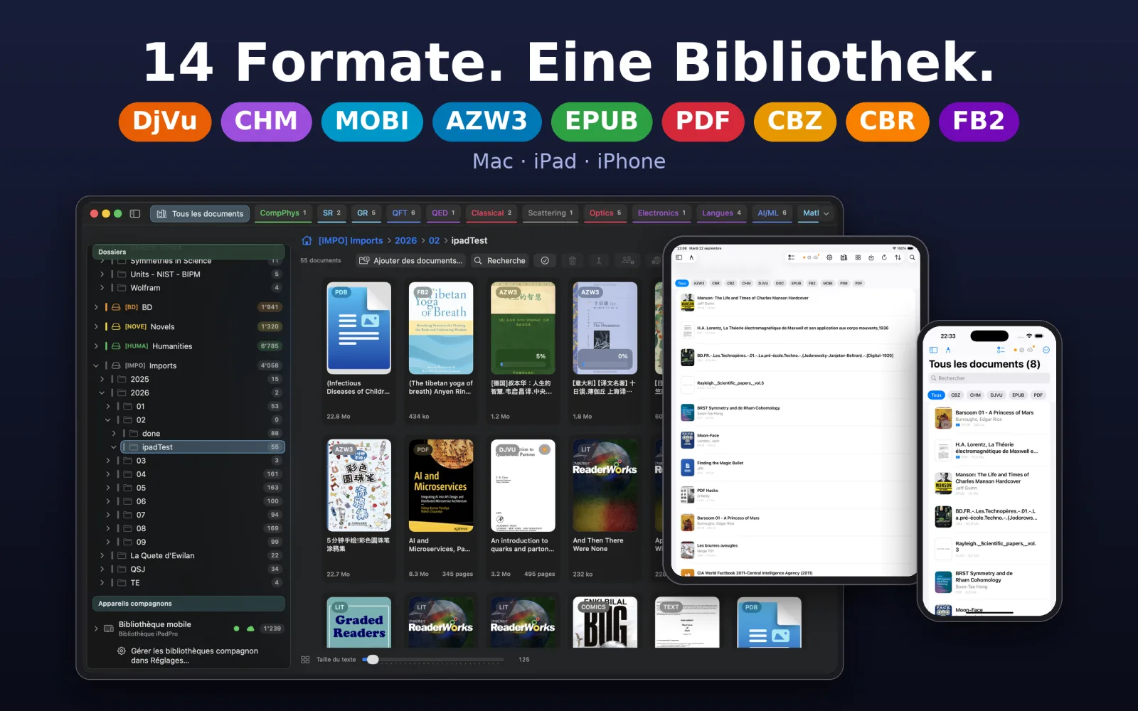 UniReader mit einer Bibliothek aus Büchern, Comics und Dokumenten