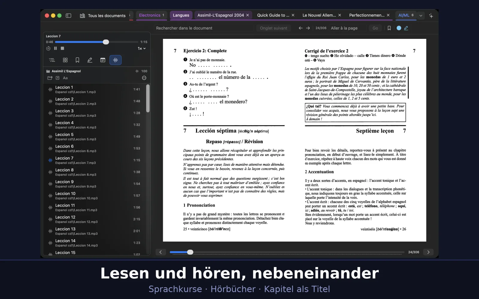 Ein Sprachkurs mit seinen Audiotiteln neben dem Text