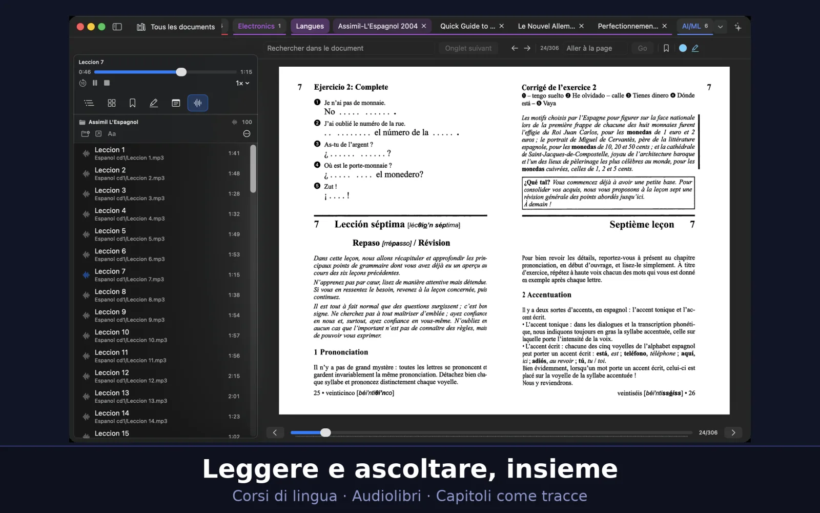 Un corso di lingua con le sue tracce audio accanto al testo